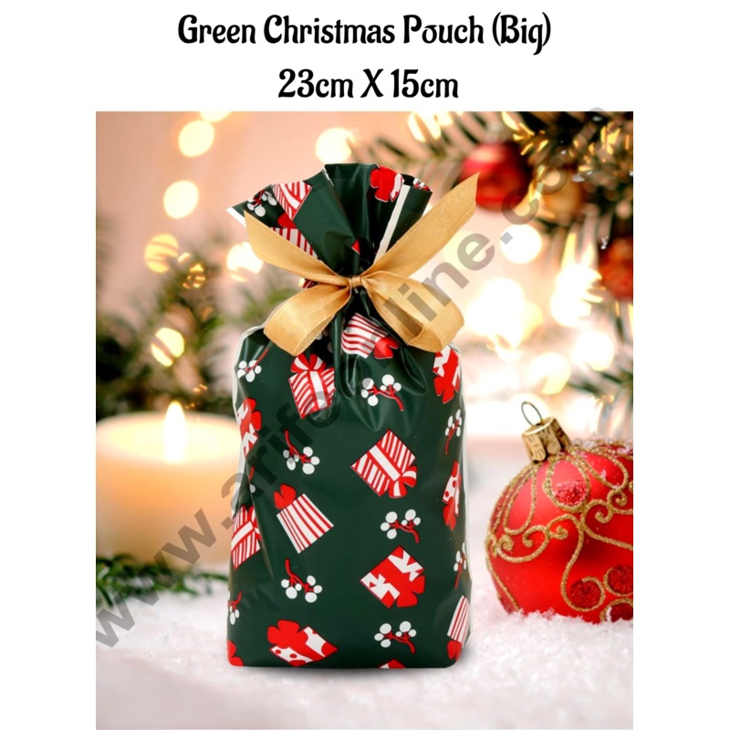 Cake Decor   Big Green White Color Christmas Theme Cookie pouch Plastic Drawstring Bag Treat With Ribbon | Design - 02  | Pack of 10 | (23cm X 15cm)