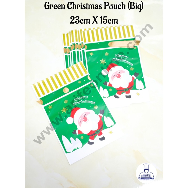Cake Decor   Big Green White Color Christmas Theme Cookie pouch Plastic Drawstring Bag Treat With Ribbon | Design - 03  | Pack of 10 | (23cm X 15cm)
