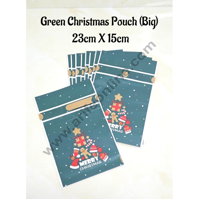 Cake Decor   Big Green White Color Christmas Theme Cookie pouch Plastic Drawstring Bag Treat With Ribbon | Design - 04  | Pack of 10 | (23cm X 15cm)
