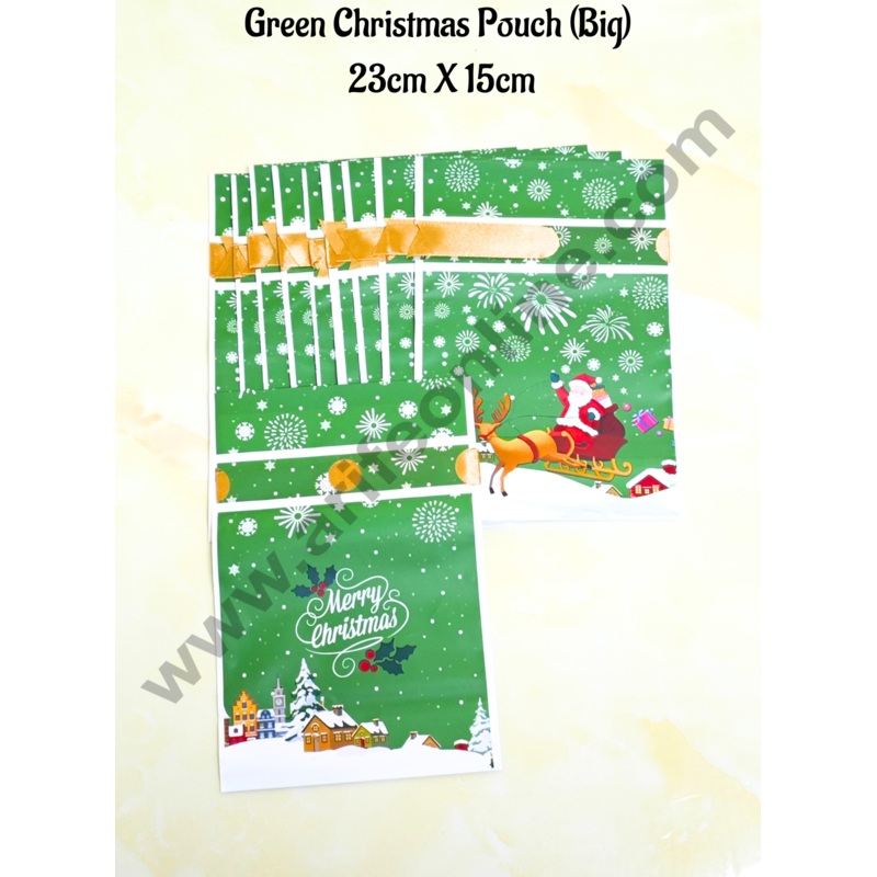 Cake Decor   Big Green White Color Christmas Theme Cookie pouch Plastic Drawstring Bag Treat With Ribbon | Design - 05  | Pack of 10 | (23cm X 15cm)