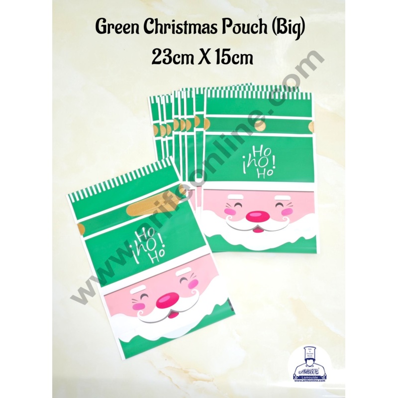 Cake Decor   Big Green White Color Christmas Theme Cookie pouch Plastic Drawstring Bag Treat With Ribbon | Design - 06  | Pack of 10 | (23cm X 15cm)