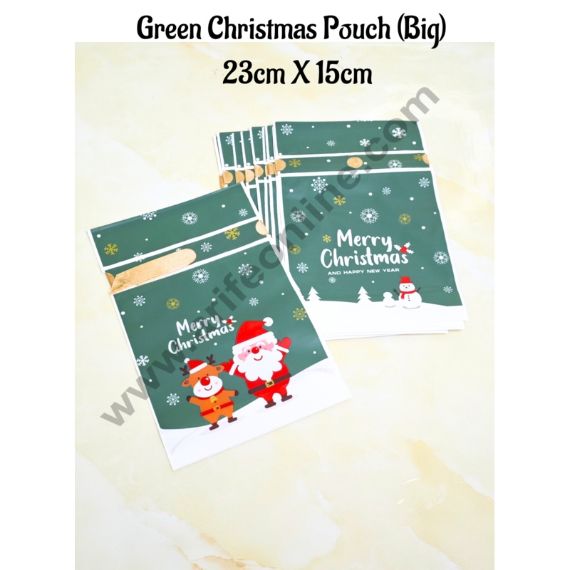 Cake Decor   Big Green White Color Christmas Theme Cookie pouch Plastic Drawstring Bag Treat With Ribbon | Design - 07  | Pack of 10 | (23cm X 15cm)