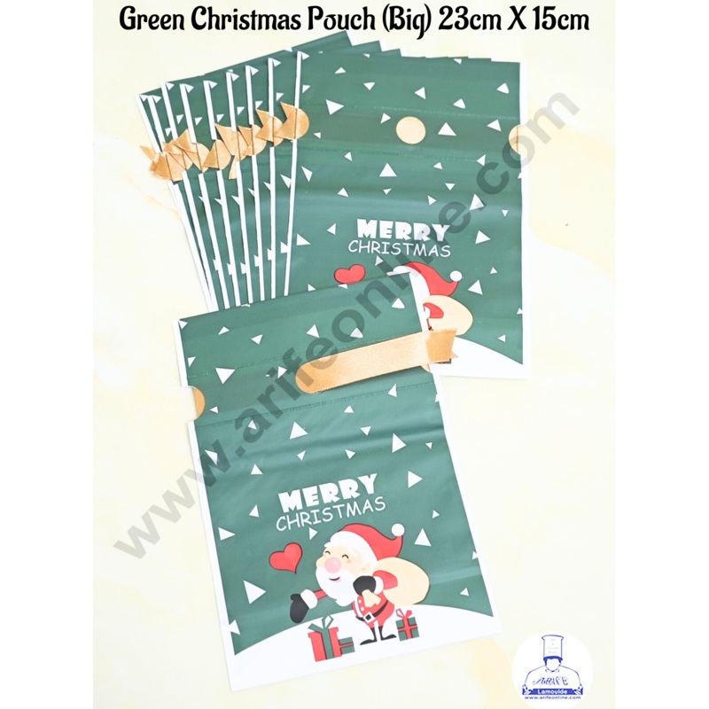 Cake Decor   Big Green White Color Christmas Theme Cookie pouch Plastic Drawstring Bag Treat With Ribbon | Design - 08 | Pack of 10 | (23cm X 15cm)