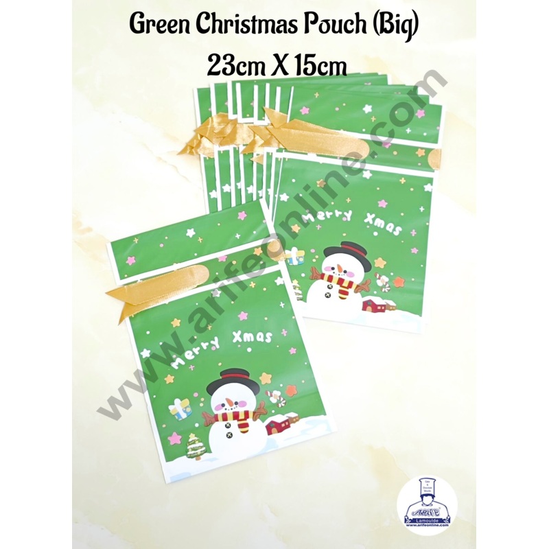 Cake Decor   Big Green White Color Christmas Theme Cookie pouch Plastic Drawstring Bag Treat With Ribbon | Design - 09 | Pack of 10 | (23cm X 15cm)
