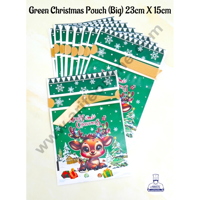 Cake Decor   Big Green White Color Christmas Theme Cookie pouch Plastic Drawstring Bag Treat With Ribbon | Design - 10 | Pack of 10 | (23cm X 15cm)