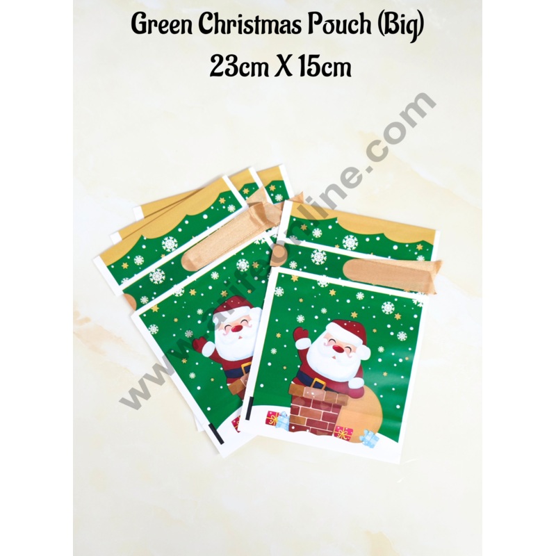 Cake Decor   Big Green White Color Christmas Theme Cookie pouch Plastic Drawstring Bag Treat With Ribbon | Design - 11 | Pack of 10 | (23cm X 15cm)