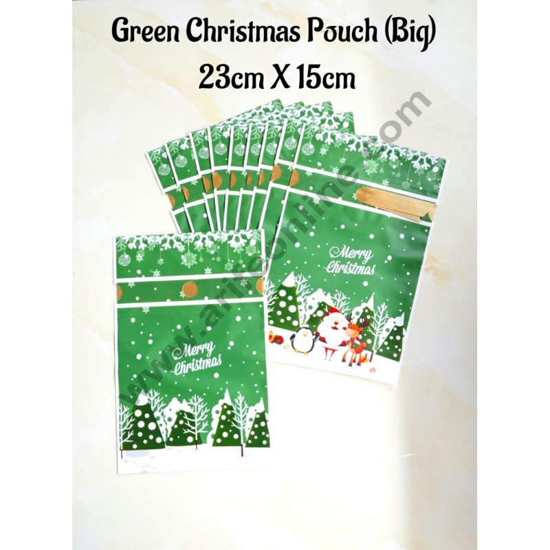 Cake Decor   Big Green White Color Christmas Theme Cookie pouch Plastic Drawstring Bag Treat With Ribbon | Design - 13 | Pack of 10 | (23cm X 15cm)
