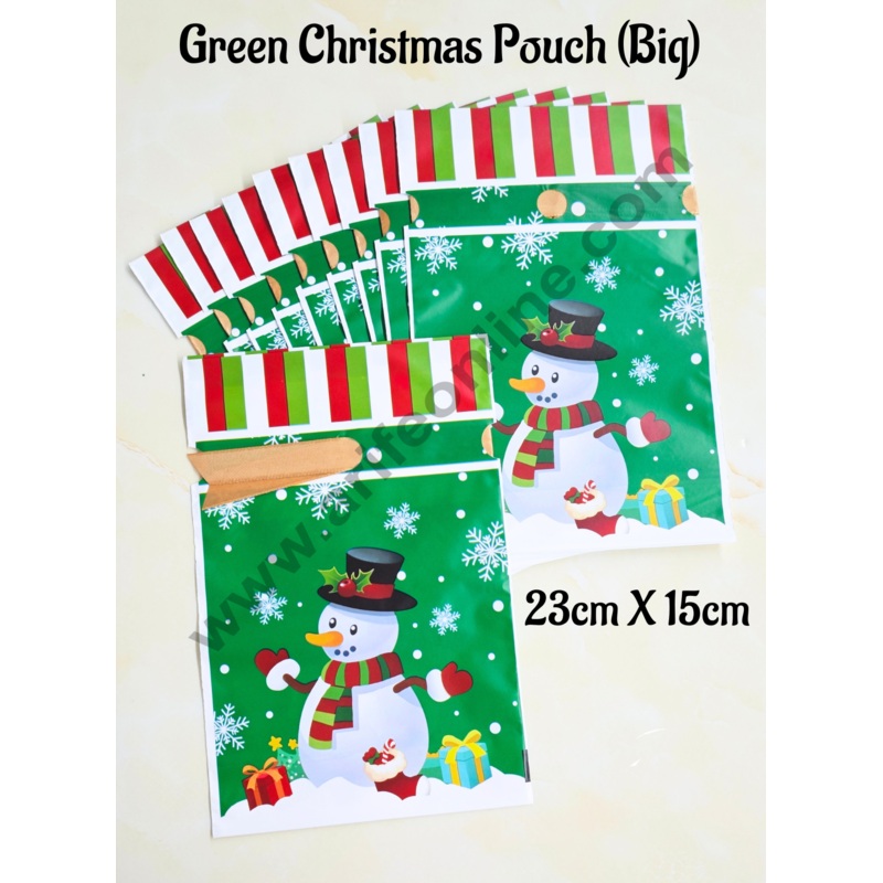 Cake Decor   Big Green White Color Christmas Theme Cookie pouch Plastic Drawstring Bag Treat With Ribbon | Design - 14 | Pack of 10 | (23cm X 15cm)