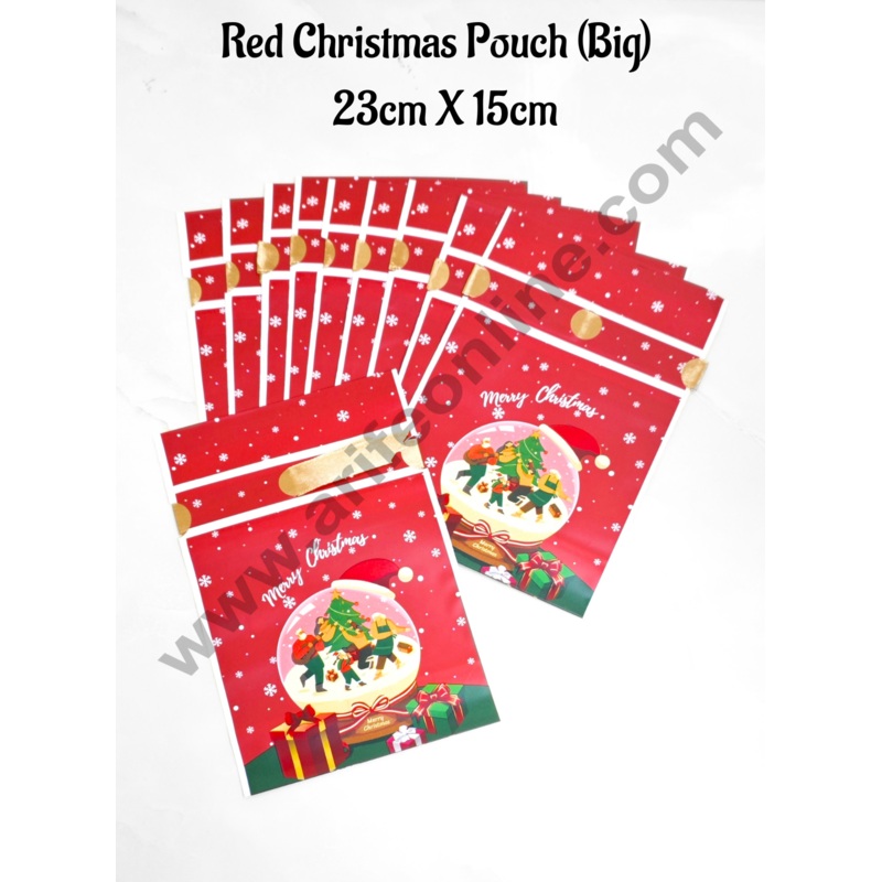 Cake Decor  Big Red Color Christmas Theme Cookie pouch Plastic Drawstring Bag Treat With Ribbon | Design - 01 | Pack of 10 | (23cm X 15cm)