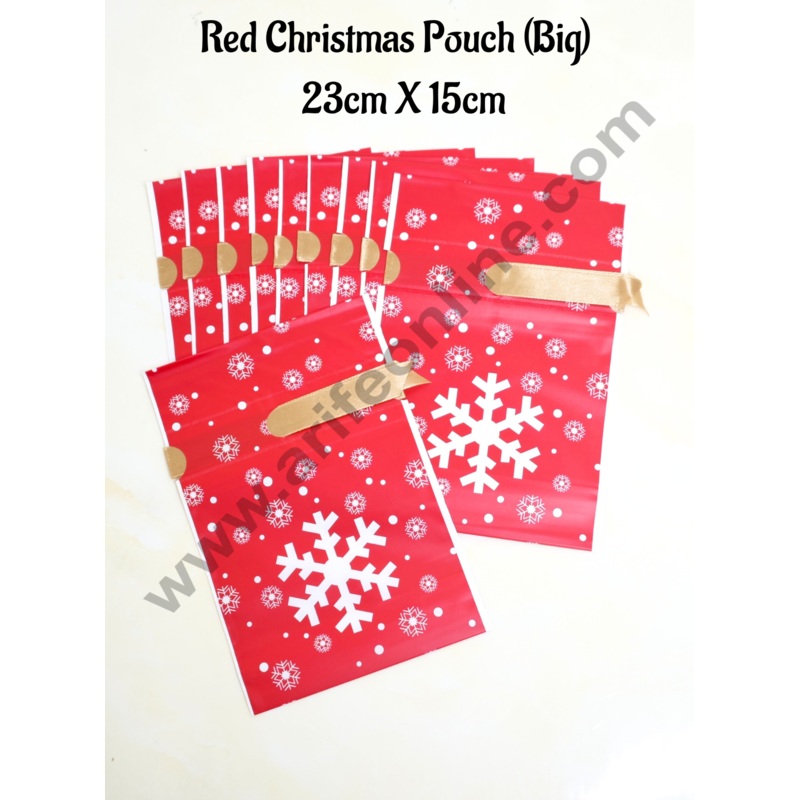Cake Decor  Big Red Color Christmas Theme Cookie pouch Plastic Drawstring Bag Treat With Ribbon | Design - 02 | Pack of 10 | (23cm X 15cm)