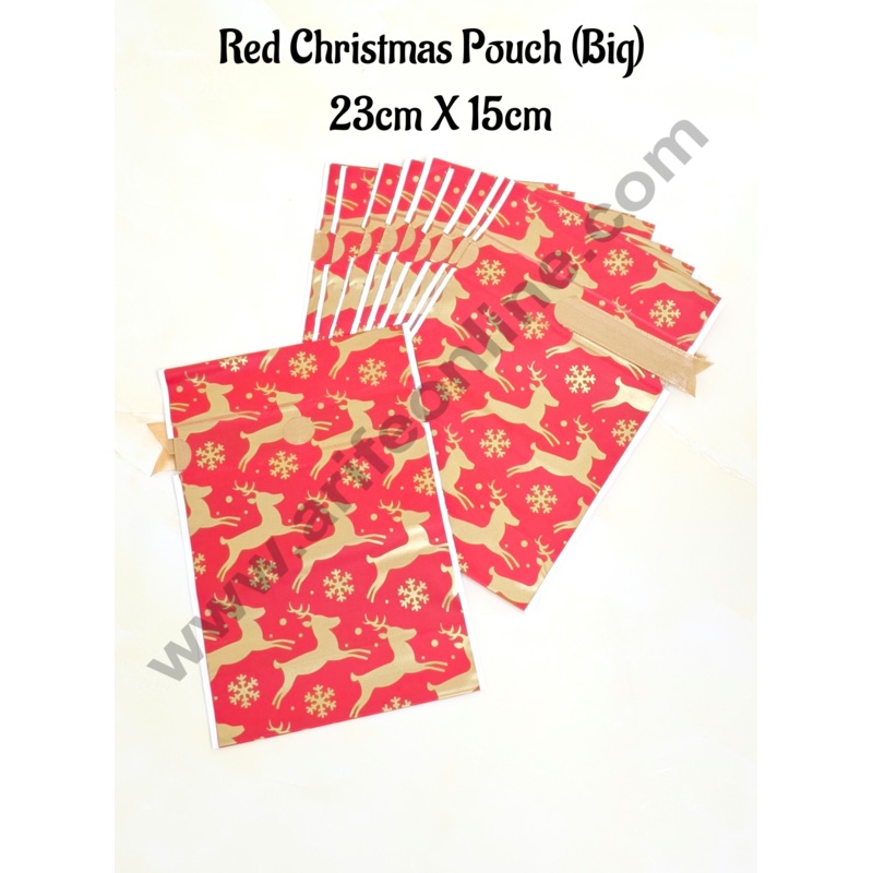 Cake Decor  Big Red Color Christmas Theme Cookie pouch Plastic Drawstring Bag Treat With Ribbon | Design - 03 | Pack of 10 | (23cm X 15cm)