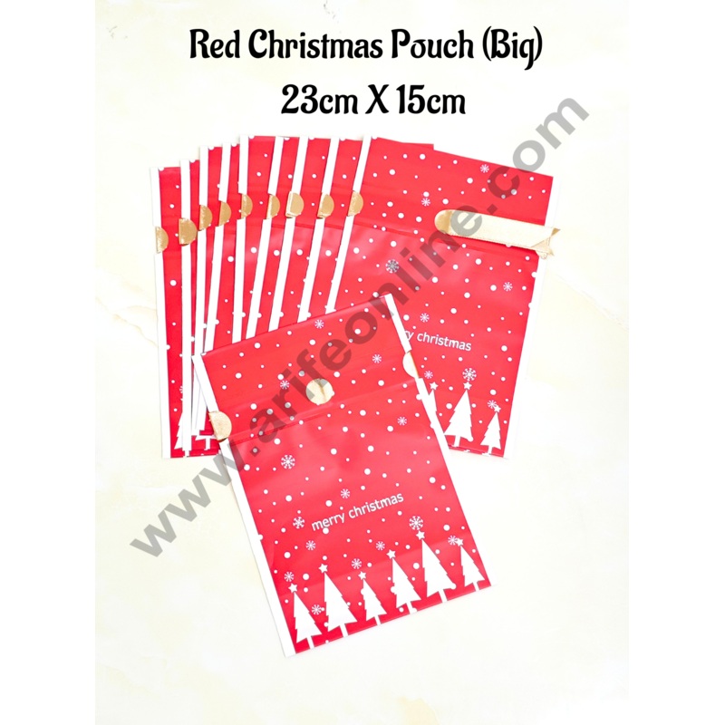 Cake Decor  Big Red Color Christmas Theme Cookie pouch Plastic Drawstring Bag Treat With Ribbon | Design - 04 | Pack of 10 | (23cm X 15cm)