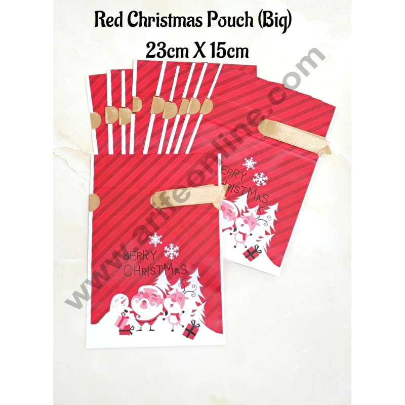 Cake Decor  Big Red Color Christmas Theme Cookie pouch Plastic Drawstring Bag Treat With Ribbon | Design - 05 | Pack of 10 | (23cm X 15cm)