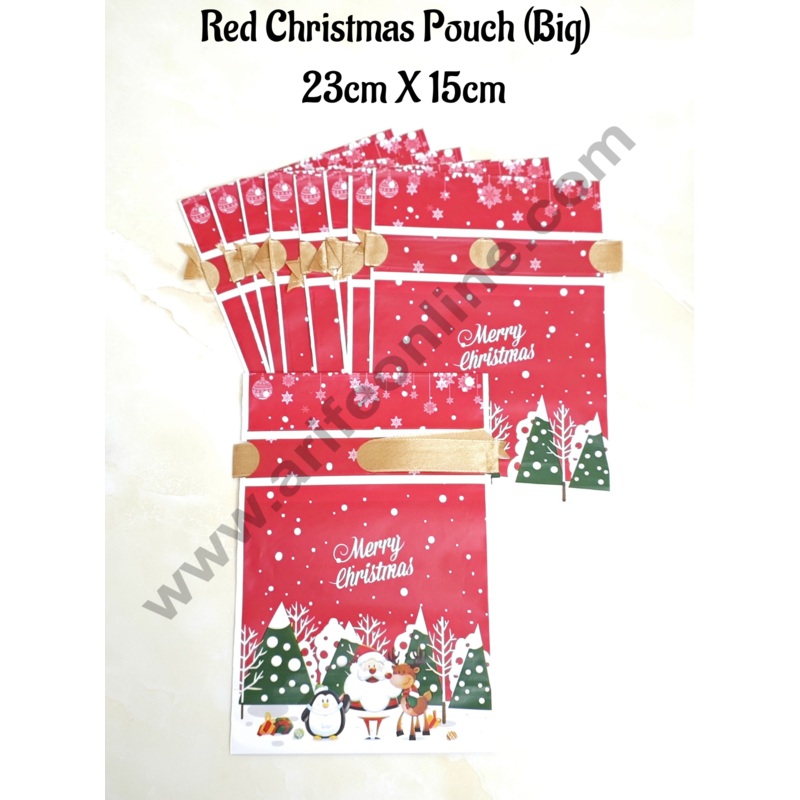 Cake Decor  Big Red Color Christmas Theme Cookie pouch Plastic Drawstring Bag Treat With Ribbon | Design - 06 | Pack of 10 | (23cm X 15cm)
