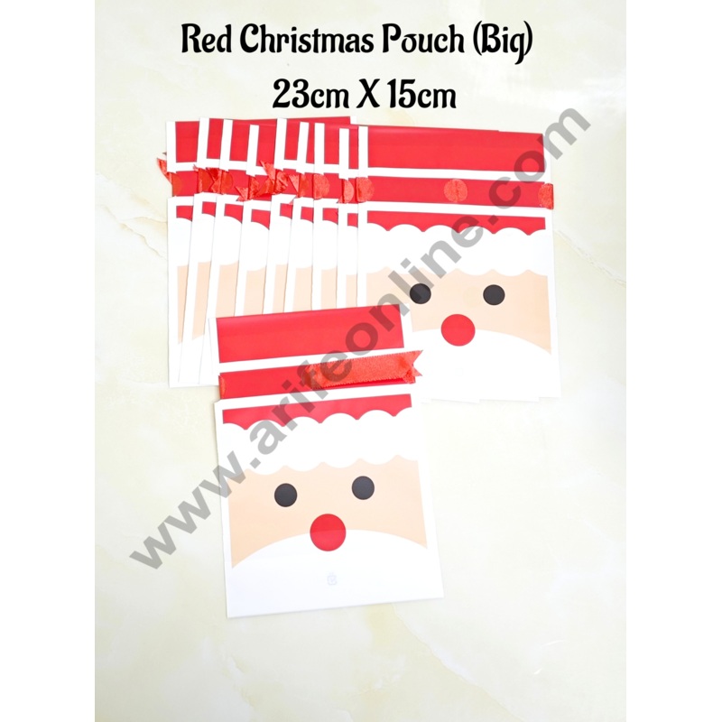 Cake Decor  Big Red Color Christmas Theme Cookie pouch Plastic Drawstring Bag Treat With Ribbon | Design - 07 | Pack of 10 | (23cm X 15cm)