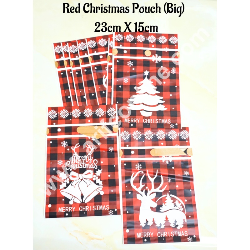 Cake Decor  Big Red Color Christmas Theme Cookie pouch Plastic Drawstring Bag Treat With Ribbon | Design - 08 | Pack of 10 | (23cm X 15cm)