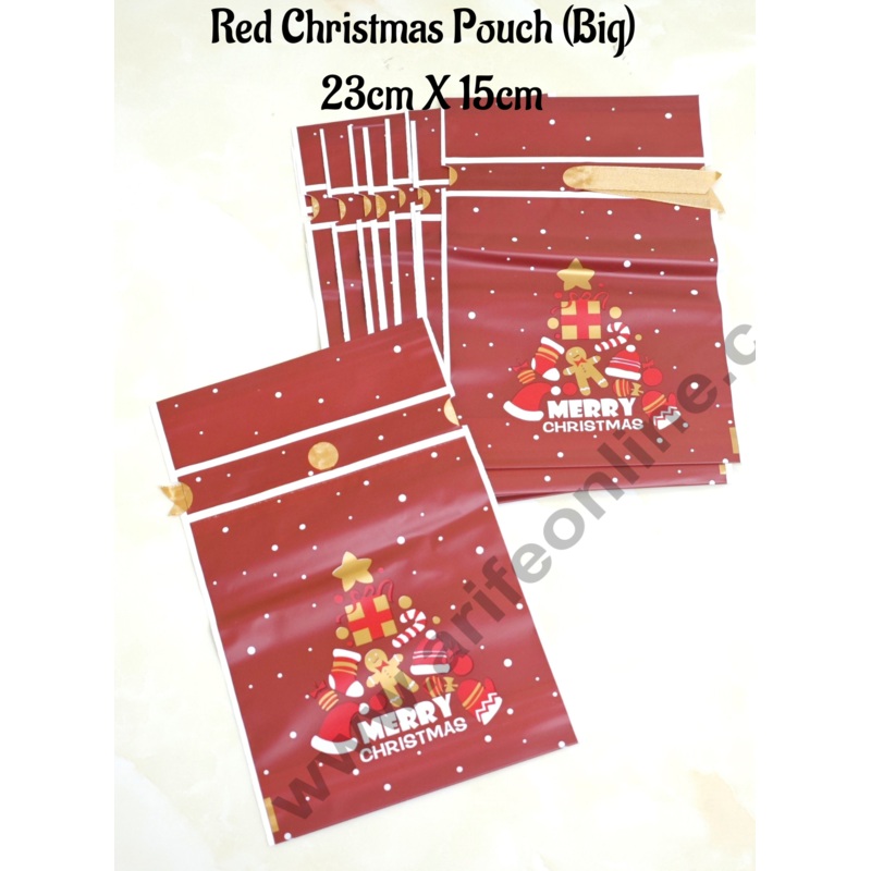 Cake Decor  Big Red Color Christmas Theme Cookie pouch Plastic Drawstring Bag Treat With Ribbon | Design - 09 | Pack of 10 | (23cm X 15cm)