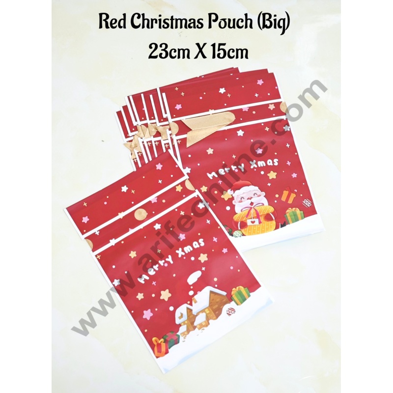 Cake Decor  Big Red Color Christmas Theme Cookie pouch Plastic Drawstring Bag Treat With Ribbon | Design - 10 | Pack of 10 | (23cm X 15cm)