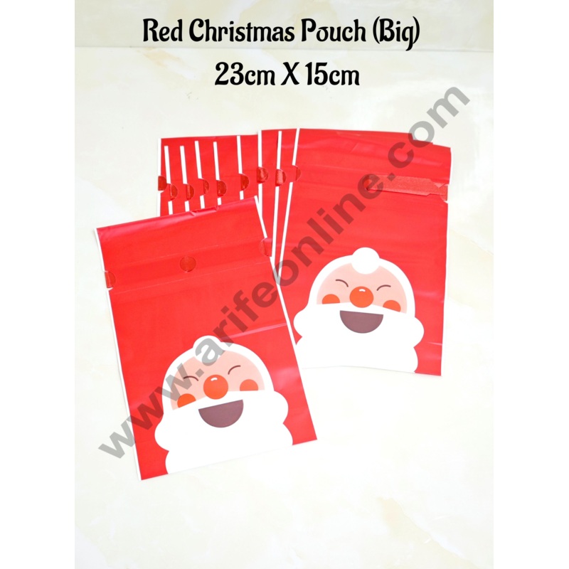 Cake Decor  Big Red Color Christmas Theme Cookie pouch Plastic Drawstring Bag Treat With Ribbon | Design - 11 | Pack of 10 | (23cm X 15cm)