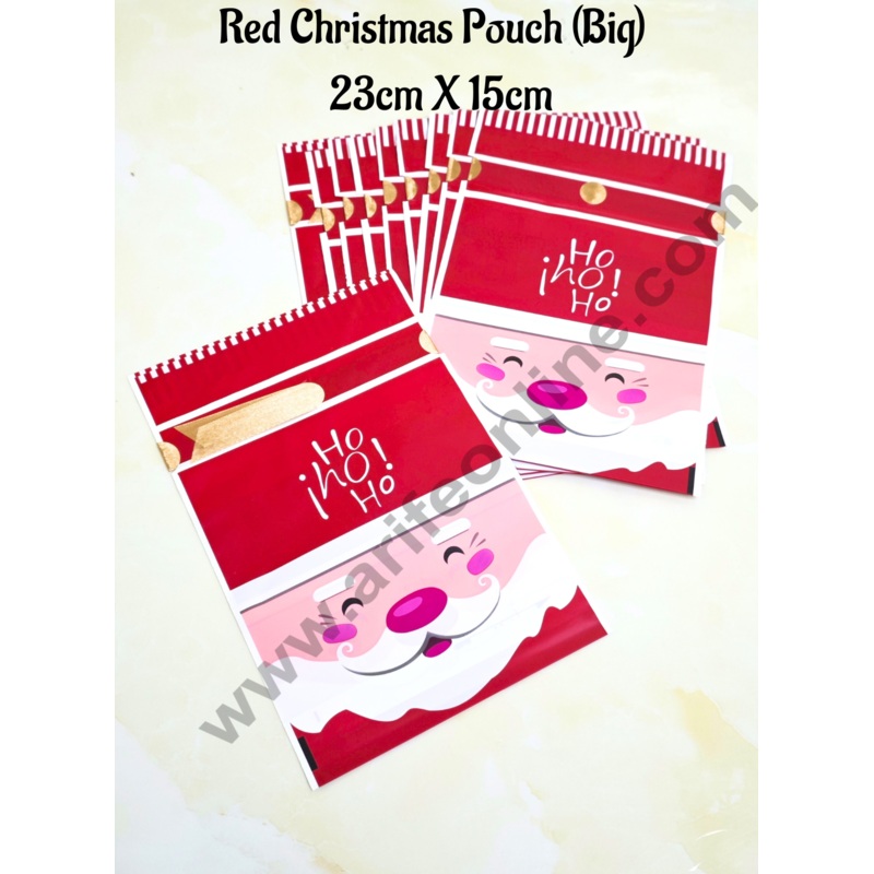 Cake Decor  Big Red Color Christmas Theme Cookie pouch Plastic Drawstring Bag Treat With Ribbon | Design - 12 | Pack of 10 | (23cm X 15cm)