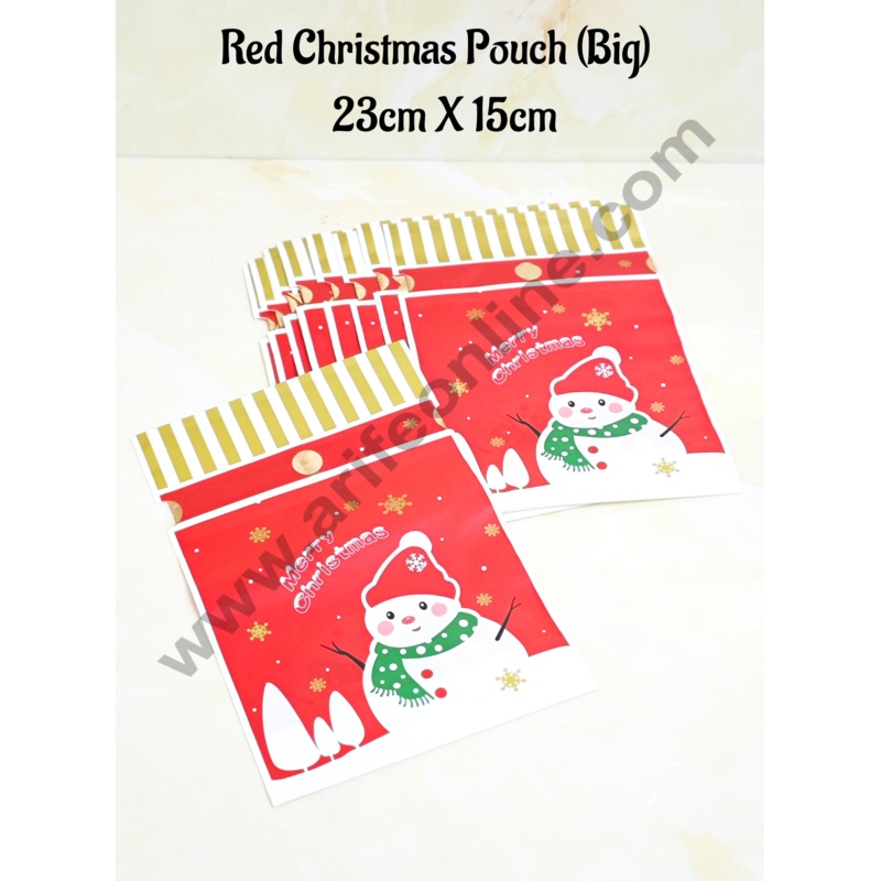 Cake Decor  Big Red Color Christmas Theme Cookie pouch Plastic Drawstring Bag Treat With Ribbon | Design - 13 | Pack of 10 | (23cm X 15cm)