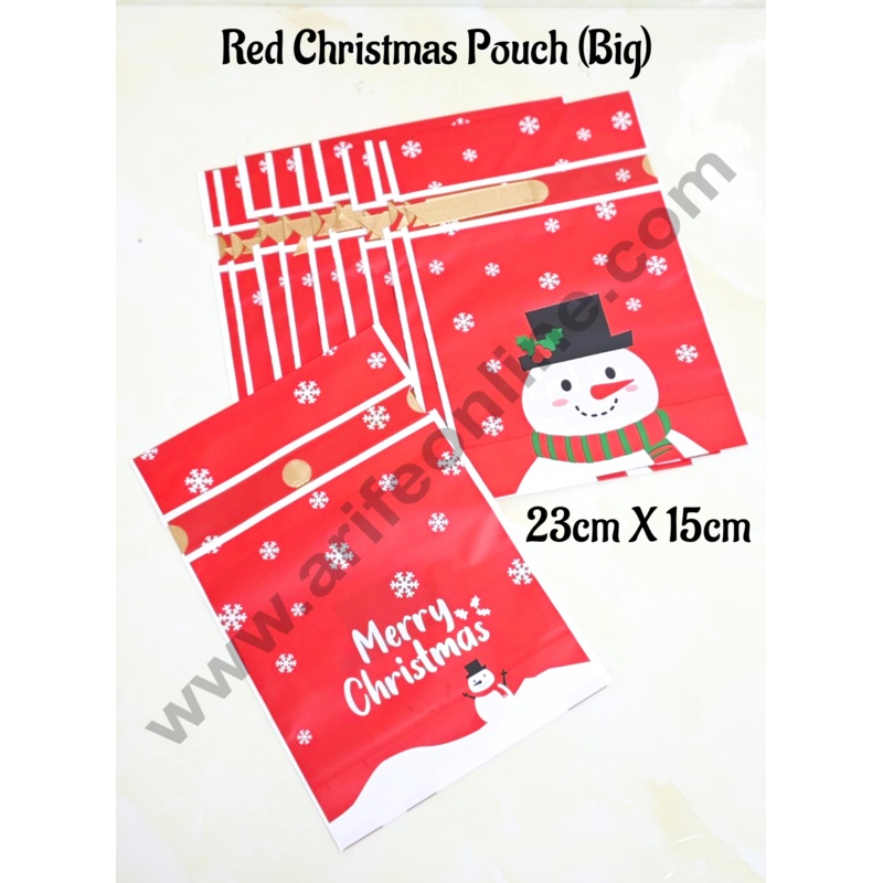 Cake Decor  Big Red Color Christmas Theme Cookie pouch Plastic Drawstring Bag Treat With Ribbon | Design - 14 | Pack of 10 | (23cm X 15cm)