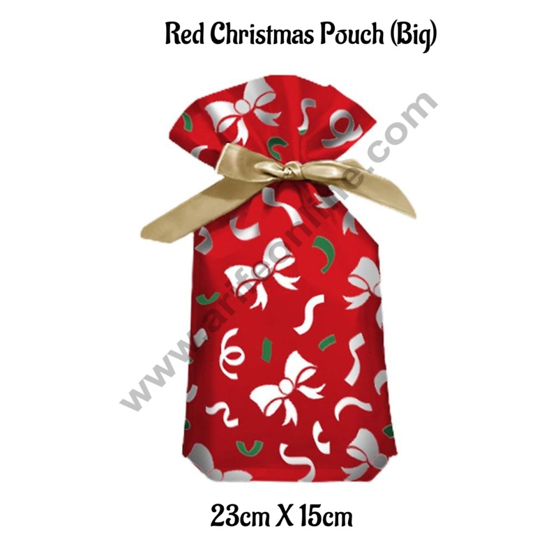 Cake Decor  Big Red Color Christmas Theme Cookie pouch Plastic Drawstring Bag Treat With Ribbon | Design - 15 | Pack of 10 | (23cm X 15cm)