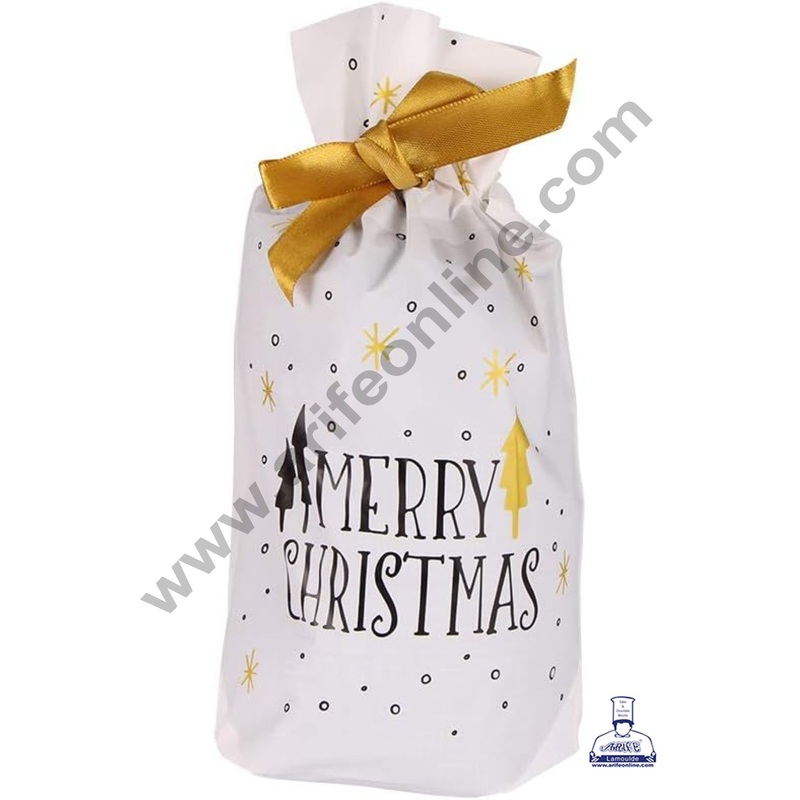 Cake Decor  Big White Color Christmas Theme Cookie pouch Plastic Drawstring Bag Treat With Ribbon | Design - 04  | Pack of 10 | (23cm X 15cm)