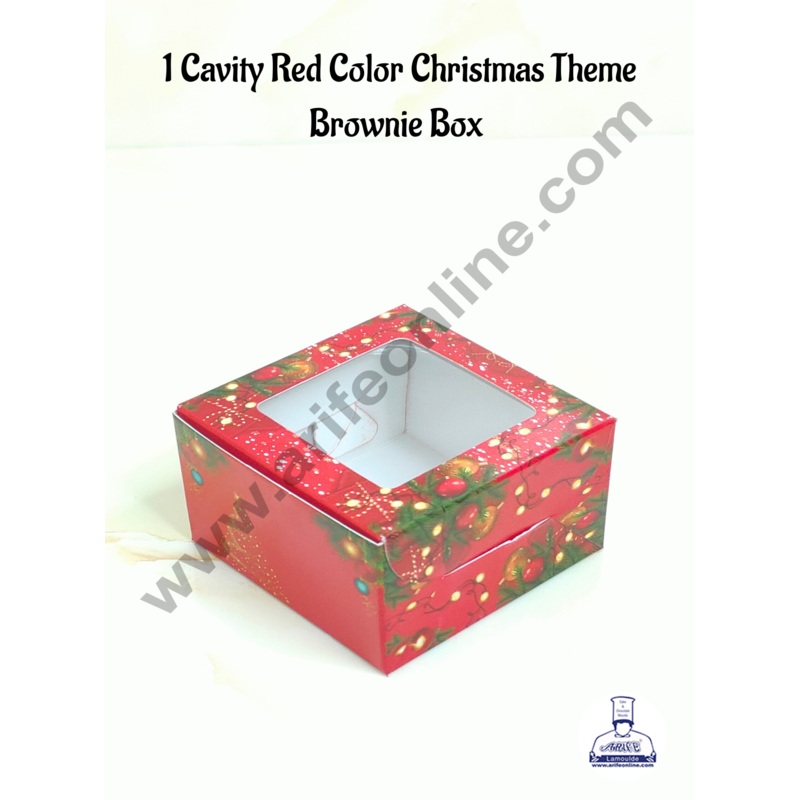 CAKE DECOR  Red color Christmas design 1 Cavity Brownie Boxes with Clear Window | Brownie Carriers - 10 Pcs Pack