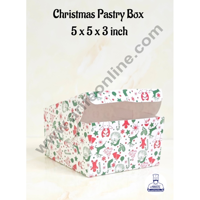 CAKE DECOR White Christmas Design Pastry Box - 5x5x3( Pack of 10 Pcs )