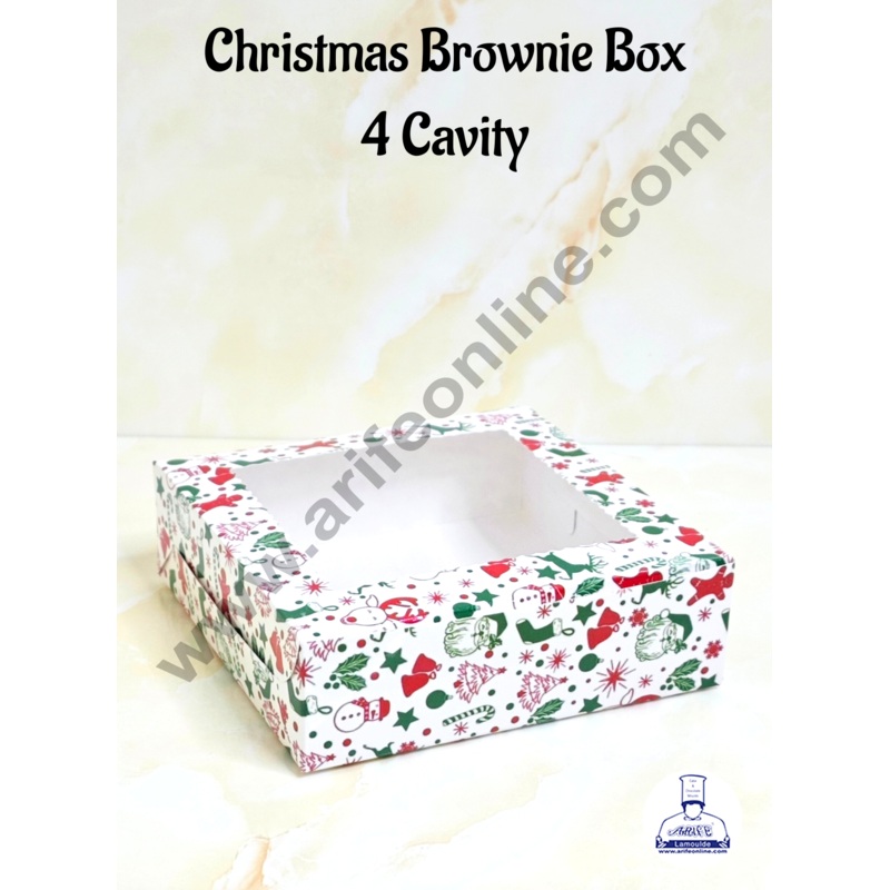 CAKE DECOR White Christmas Theme 4 Cavity Brownie Boxes with Clear Window | Brownie Carriers - 10 Pcs Pack | Design- 02