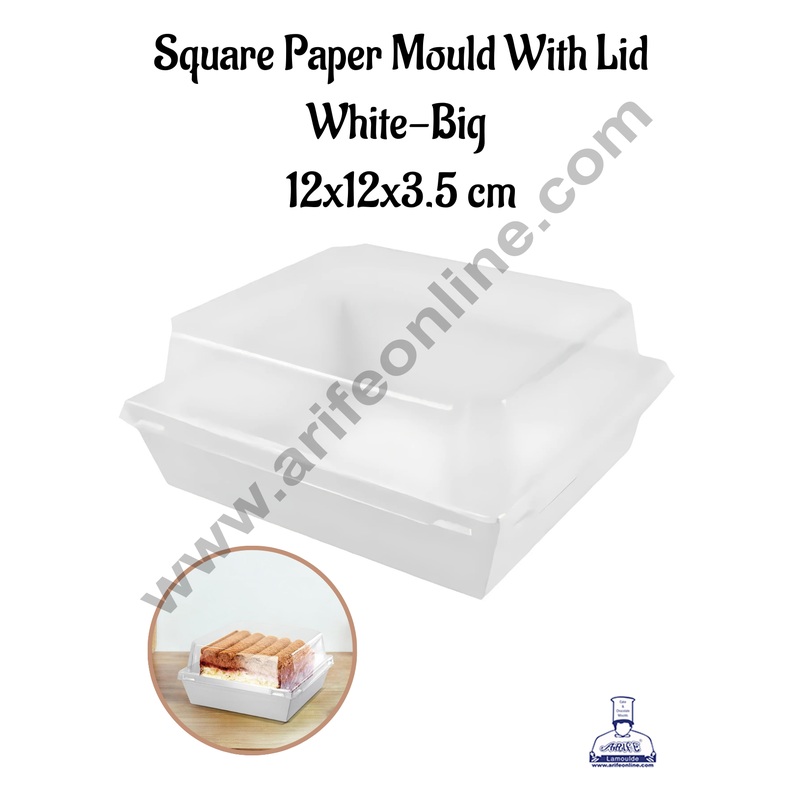 CAKE DECOR Square Shape Paper Moulds With Lid - White- Large (10 Pcs Pack)