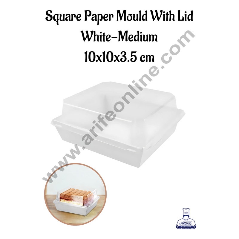 CAKE DECOR Square Shape Paper Moulds With Lid - White- Medium (10 Pcs Pack)