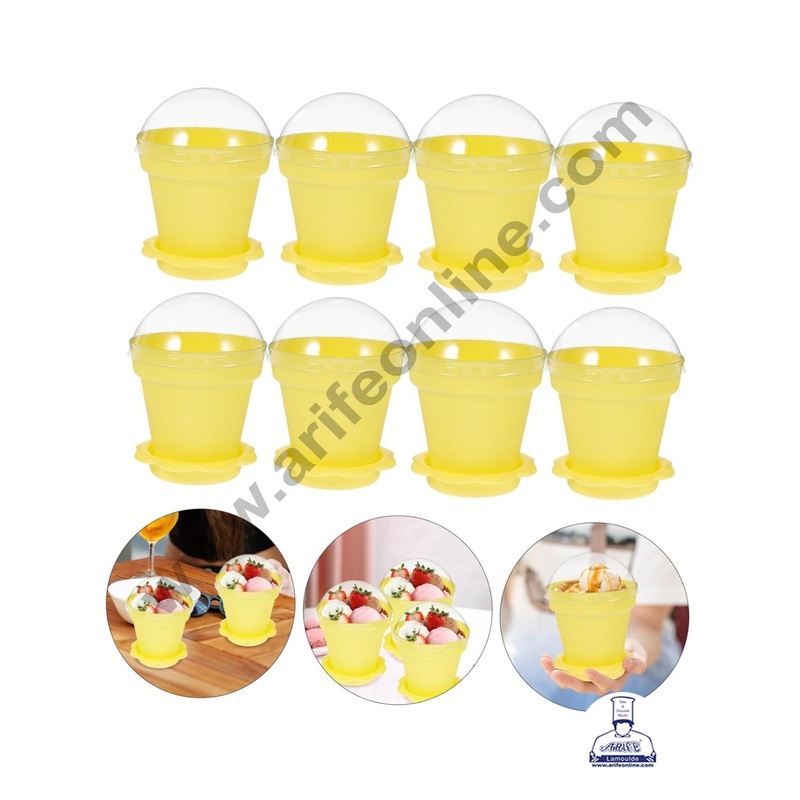 CAKE DECOR Yellow Flower Pot Shape Mousse Cups with Lids (Pack of 10)