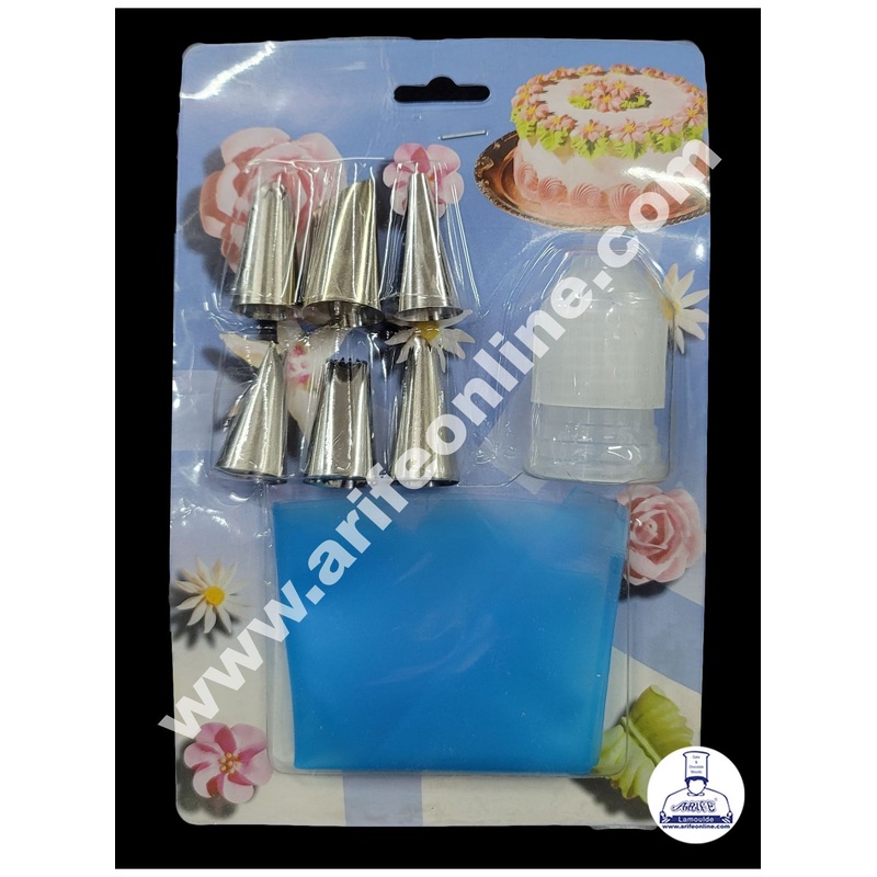 Cake Decor  6 Pc Medium Nozzle, 1 Big Coupler & Piping Bag Set Pastry Tips Cupcake Cake Decorating Nozzle
