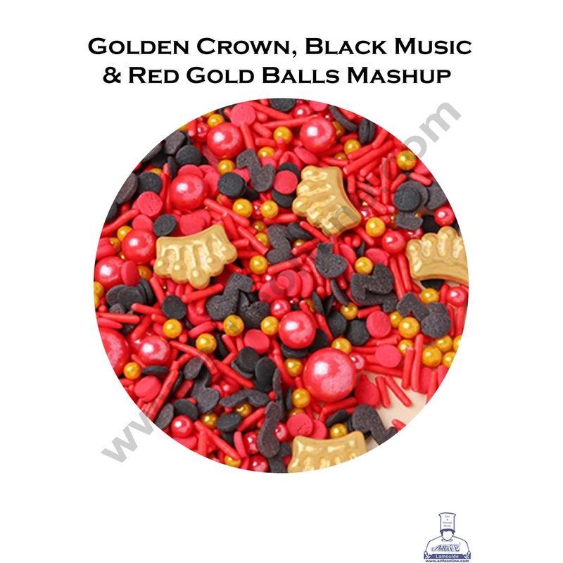 Cake Decor Sugar Candy - Golden Crown Black Music And Red Gold Balls Mashup Candies - 100 gm