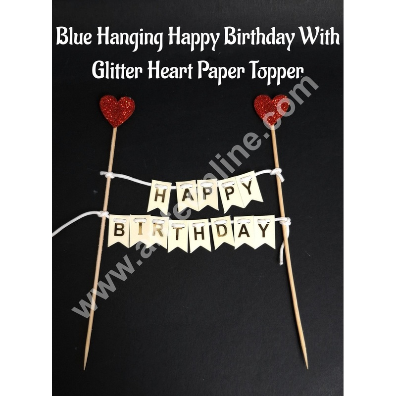 Cream Hanging Happy Birthday With Glitter Heart Paper Topper For Cake( 1pc ) CAKE DECOR