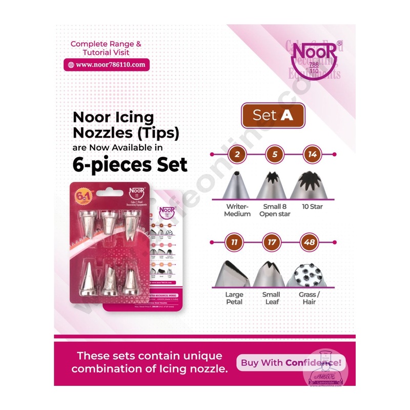 Noor 6 Pieces Noor Icing Nozzles Set Pastry Tips Cupcake Cake & Food Decorating Equipment's - Set A