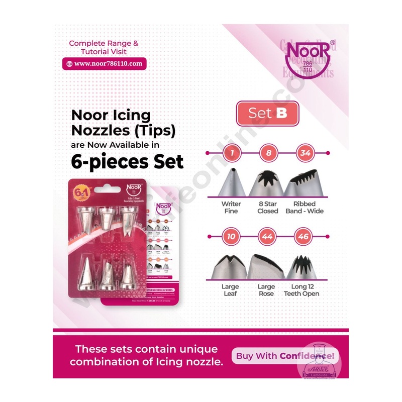 Noor 6 Pieces Noor Icing Nozzles Set Pastry Tips Cupcake Cake & Food Decorating Equipment's - Set B