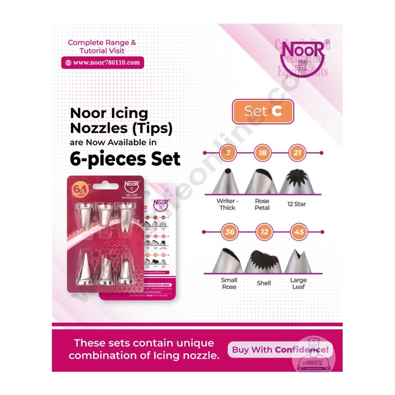 Noor 6 Pieces Noor Icing Nozzles Set Pastry Tips Cupcake Cake & Food Decorating Equipment's - Set C