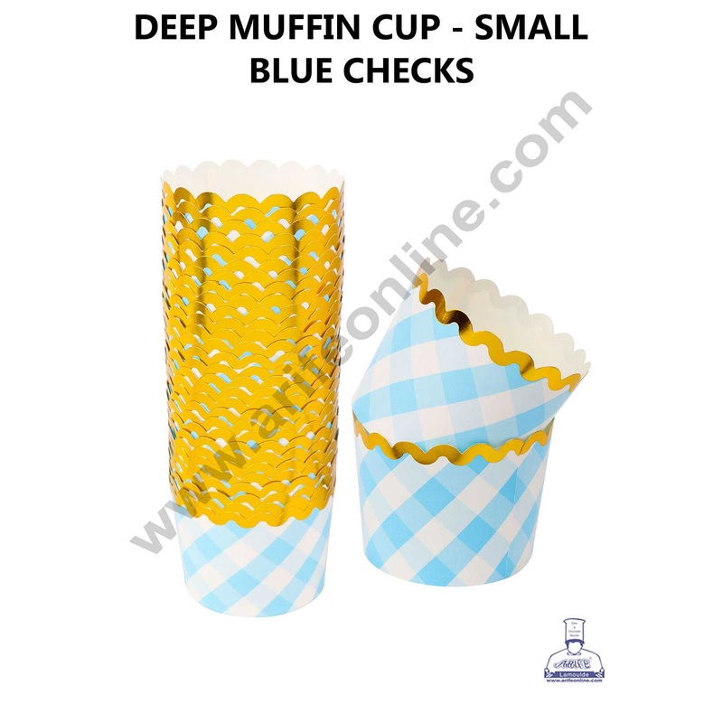 CAKE DECOR Small Blue White Checks with Golden Border Deep Muffin Cupcake Liners (50Pcs Pack)