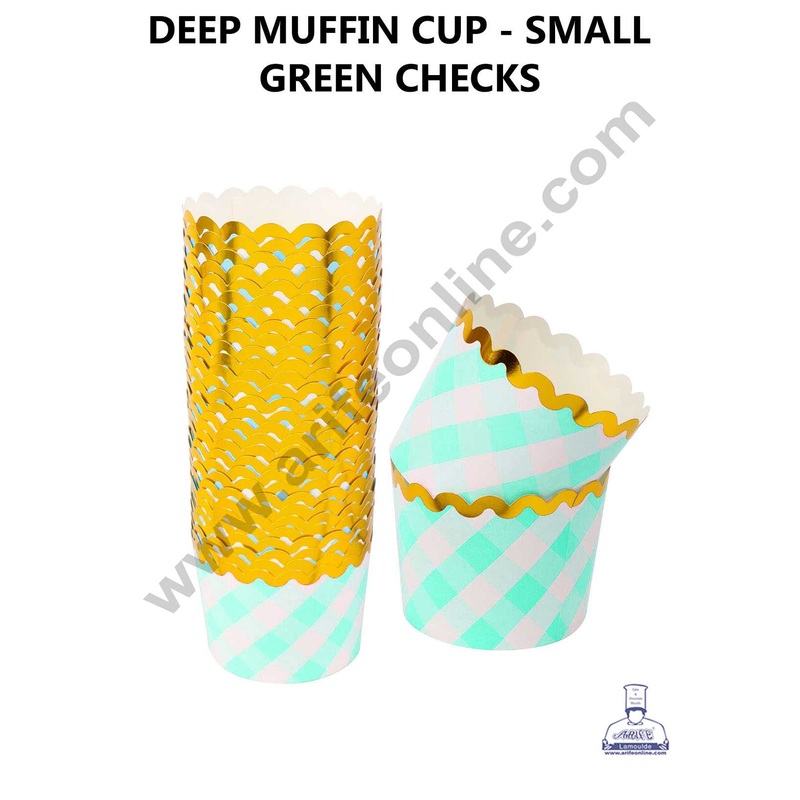 CAKE DECOR Small Green White Checks with Golden Border Deep Muffin Cupcake Liners (50Pcs Pack)