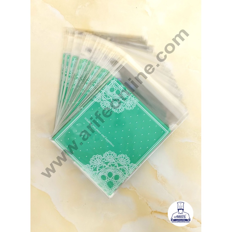 CAKE DECOR  Green Color Wishing You Peace And  Happiness With Flower Pattern Mini Packaging Bags | Cellophane Small Bags |  Self Adhesive | 100 Pcs