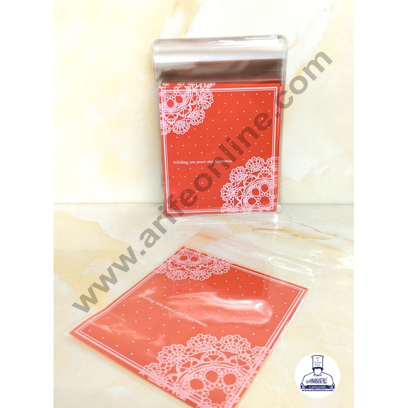CAKE DECOR  Red Color Wishing You Peace And  Happiness With Flower Pattern Mini Packaging Bags | Cellophane Small Bags |  Self Adhesive | 100 Pcs