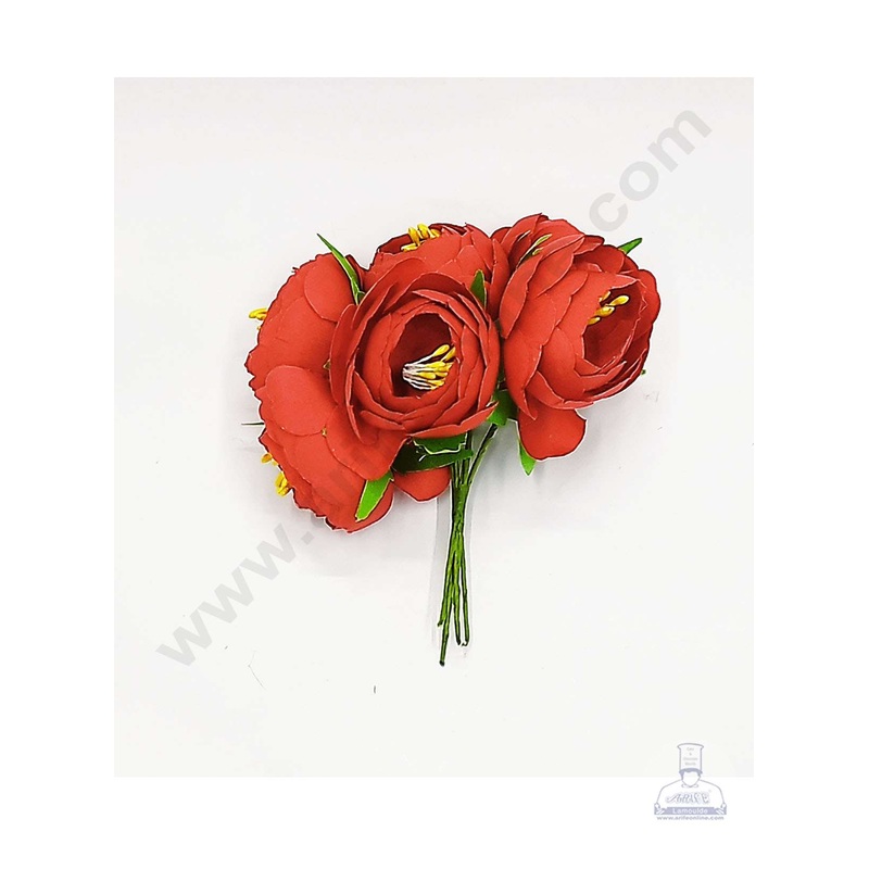 Cake Decor  Medium Peony Artificial Flower Bunch For Cake Decoration  Red( 1 Bunch )