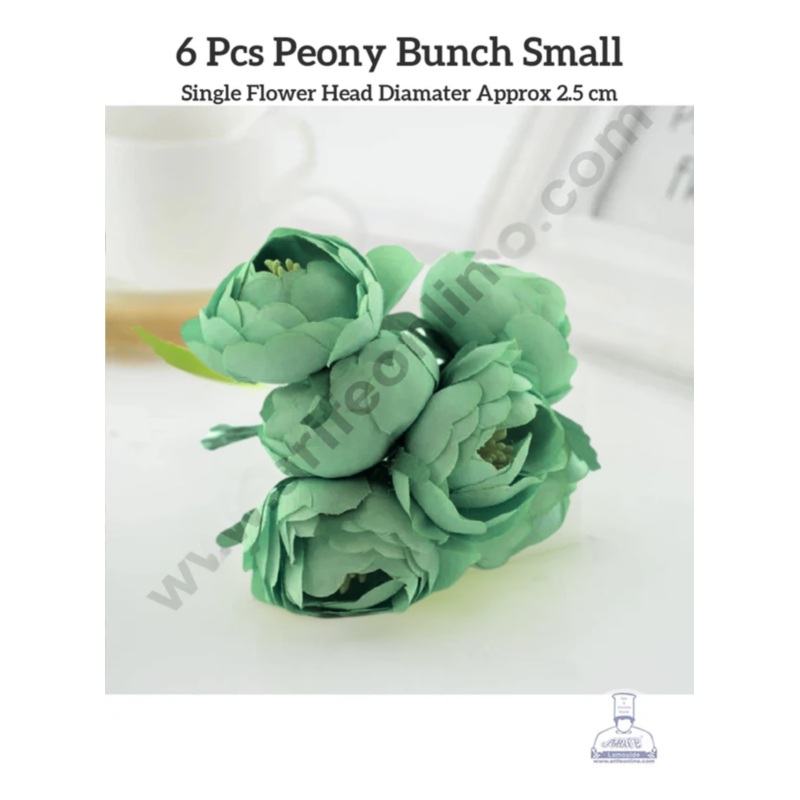 CAKE DECOR  Small Peony Artificial Flower Bunch For Cake Decoration  Green ( 6 pc pack )