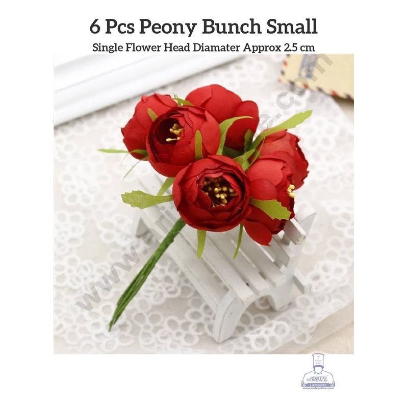 CAKE DECOR  Small Peony Artificial Flower Bunch For Cake Decoration  Red ( 6 pc pack )