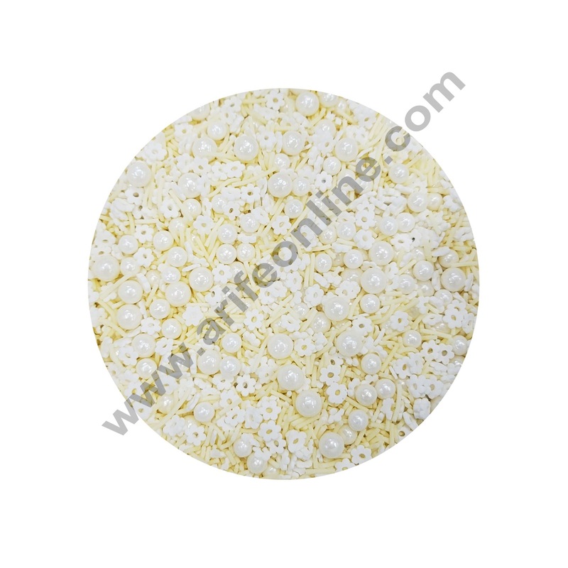 Cake Decor Sugar Candy - Fancy Sprinkles White off White Vermicelli Ball and Flower Confetti - 500 gm