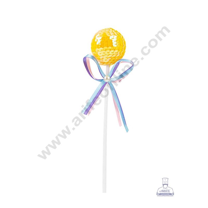 CAKE DECOR Yellow Bling Bling Sequence Lollipop Ball Toppers For Cake and Cupcake Decoration