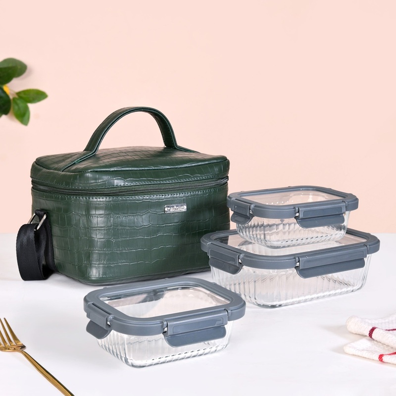 Set of 3 Lunch Box Lunch Bag Hamper Faux Leather Green